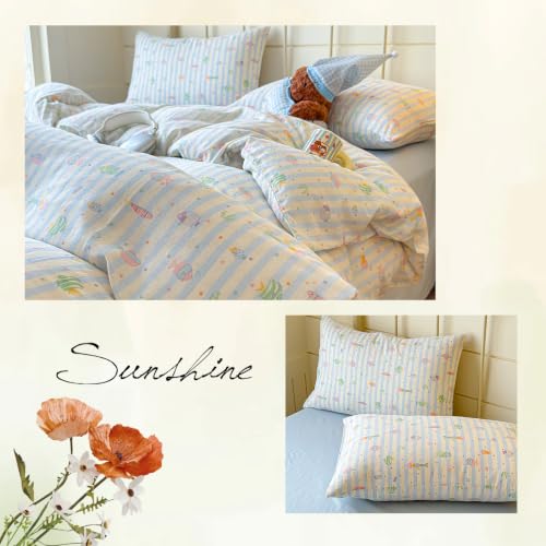 Kids Fish Duvet Cover Set Muslin Cotton Twin Blue Striped 4 Piece