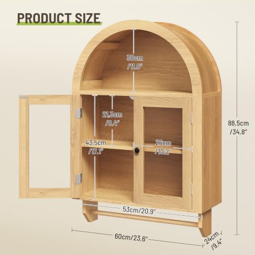 Arched Bathroom Wall Cabinet with Glass Doors and Towel Bar - Natural Wood Finish