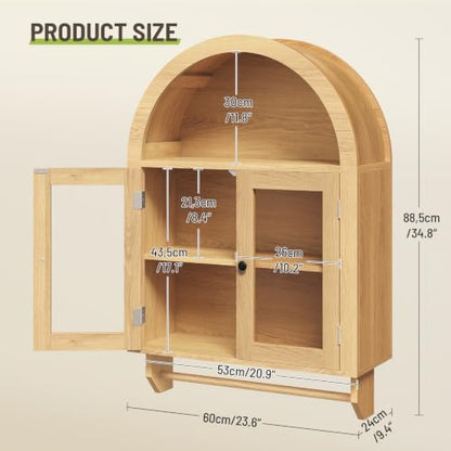 Arched Bathroom Wall Cabinet with Glass Doors and Towel Bar - Natural Wood Finish