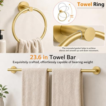 Brushed Gold Bathroom Hardware Set - 24 Inch Towel Rack & Toilet Paper Holder