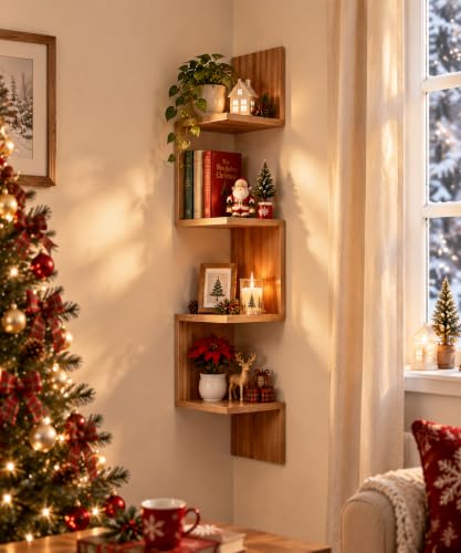 Premium Bamboo Corner Wall Shelf 4-Tier Floating Corner Shelving Unit