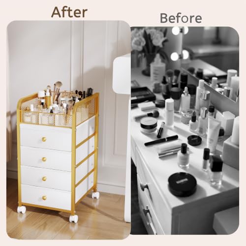 White & Gold Rolling Makeup Organizer Cart with 4 Drawers and Divided Top
