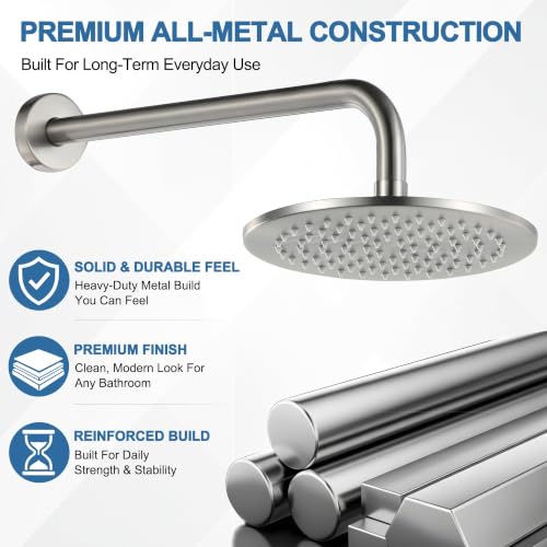 Brushed Nickel 8-Inch Metal Rain Shower Head - SUS 304 Stainless Steel, Fixed Wall/Ceiling Mount, Anti-Clog Nozzles, Luxury Spa Bathroom Fixture