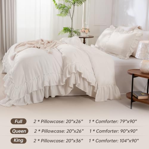 Beige Farmhouse Ruffle Comforter Set Full Size 3 Pieces - Shabby Chic Bedding