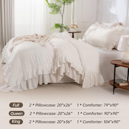 Beige Farmhouse Ruffle Comforter Set Full Size 3 Pieces - Shabby Chic Bedding