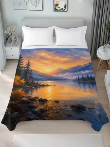 Blue King Size Flat Sheet - Microfiber Breathable Bedding with Mountain Landscape