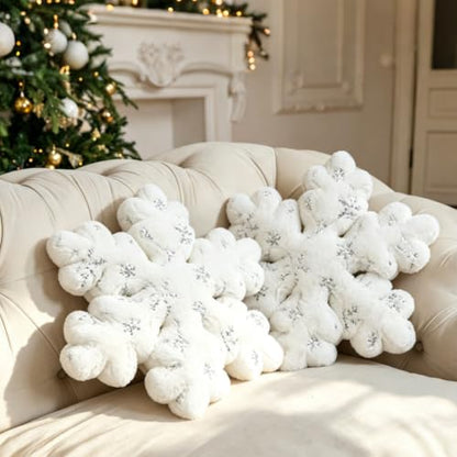 Christmas Snowflake Throw Pillows - White Plush Decorative Cushions, 19.7 Inches, Set of 2