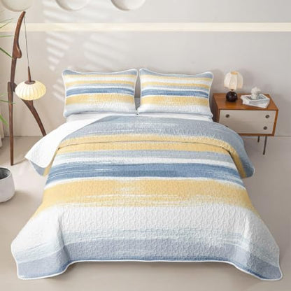 Erosebridal Geometric Twin Size Quilt Set - Blue Yellow Gradient Striped Ombre