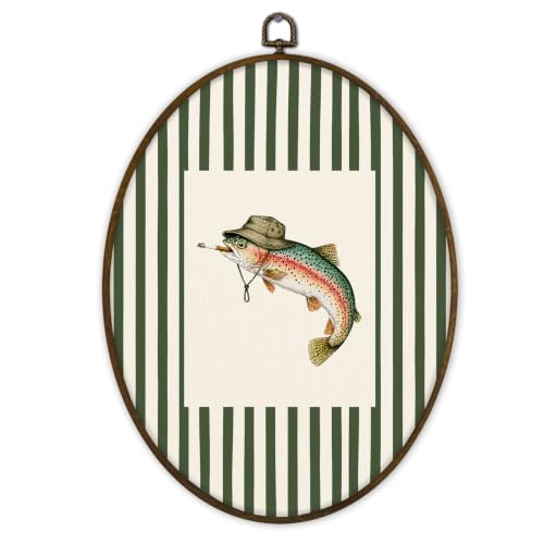 Oval Wall Art Fish Decor - Whimsical Trout Framed Wall Art 8.7 x 11.3 Inches - Fish5 Variation