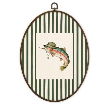 Oval Wall Art Fish Decor - Whimsical Trout Framed Wall Art 8.7 x 11.3 Inches - Fish5 Variation