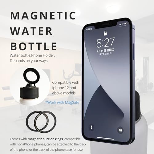 GREATUSEF Water Bottle 24oz Magnetic Stainless Steel Gym Bottles,Gym & Car for Phone Holder with Insulated Water Bottle! Bottle for iPhone/Android Sports Bottle Accessories (Black)