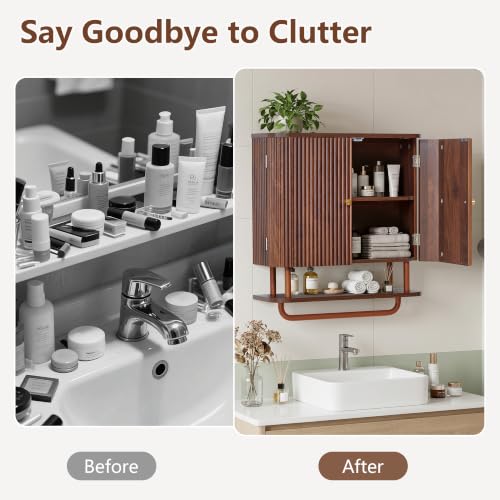 24 Inch Wall Mounted Bathroom Medicine Cabinet with Towel Bar - Walnut