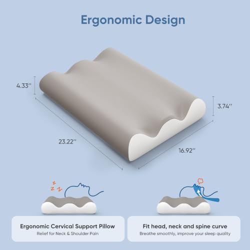 Sweetcrispy Cervical Neck Pillow Memory Foam Contour Pillow White & Light Grey Standard
