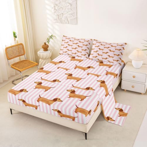 Castle Fairy Pink Striped Dachshund Bed Sheet Set King Size - Deep Pocket Kids Bedding