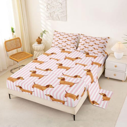 Castle Fairy Pink Striped Dachshund Bed Sheet Set King Size - Deep Pocket Kids Bedding