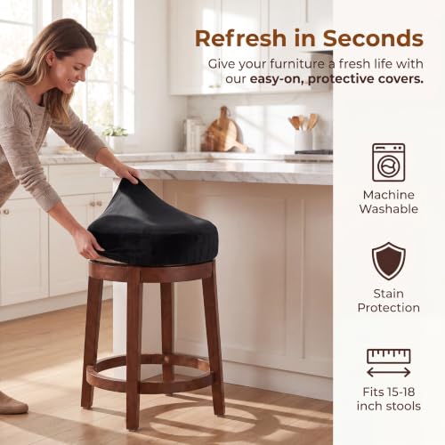 Velvet Elastic Round Bar Stool Covers 15-18 Inch Black Set of 4