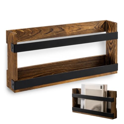 Burnt Wooden Wall Mount Magazine Rack - Industrial Storage for Home Office