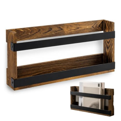 Burnt Wooden Wall Mount Magazine Rack - Industrial Storage for Home Office