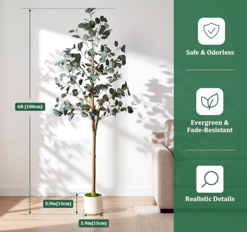 6FT Artificial Eucalyptus Tree with Natural Wood Trunk for Indoor Decor
