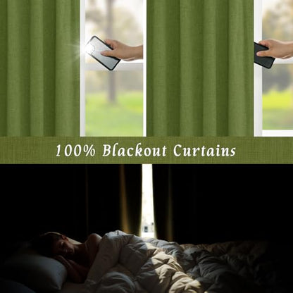 LAMIT Sage Green Blackout Linen Curtains 52W x 84L Pack of 2 - With White Liner