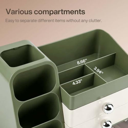 Large Capacity Makeup Organizer with Brush Holder - Green