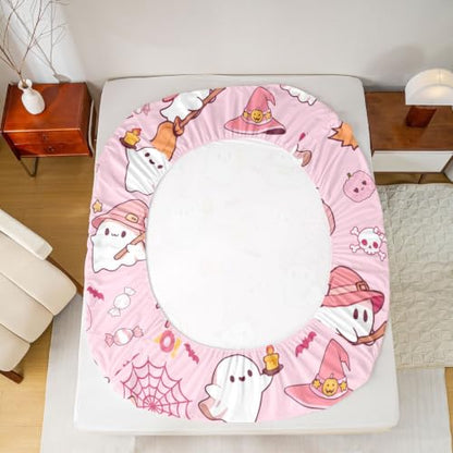 Happy Halloween Queen Bed Sheets Set Pink White 03 - Soft & Breathable Bedding