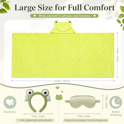 Frog Hooded Blanket Set with Headband and Sleep Mask - Cozy Green Loungewear