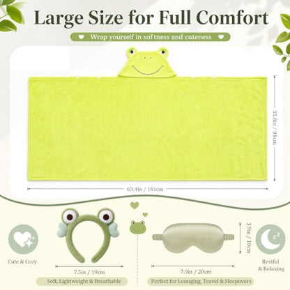 Frog Hooded Blanket Set with Headband and Sleep Mask - Cozy Green Loungewear
