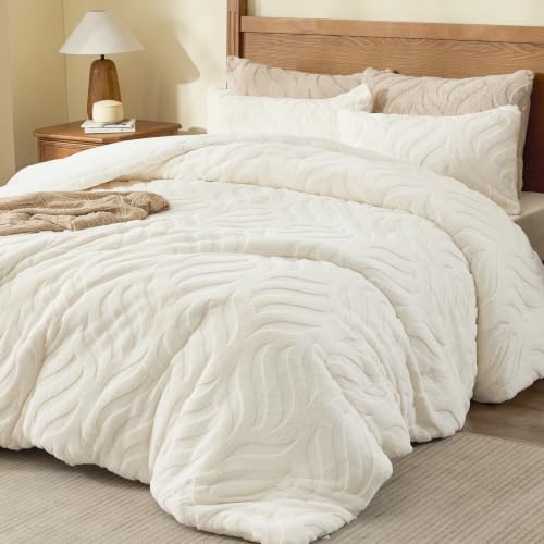 Queen Faux Fur Comforter Set Cream 90x90 Inches Fluffy Bedding