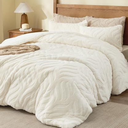Queen Faux Fur Comforter Set Cream 90x90 Inches Fluffy Bedding