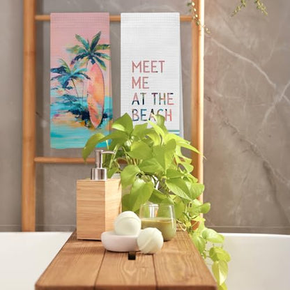 Wardos Coastal-C Boho Beach Kitchen Towels Set of 2 - Tropical Palm & Surfboard Design
