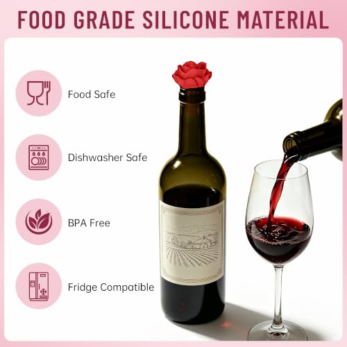 Rose 5-Pack Silicone Wine Stopper Set with Bottle Opener - Airtight & Leakproof