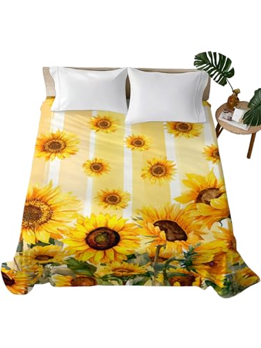 Summer Sunflower Yellow Stripe Flat Sheet Twin XL Microfiber Bedding - Breathable & Soft