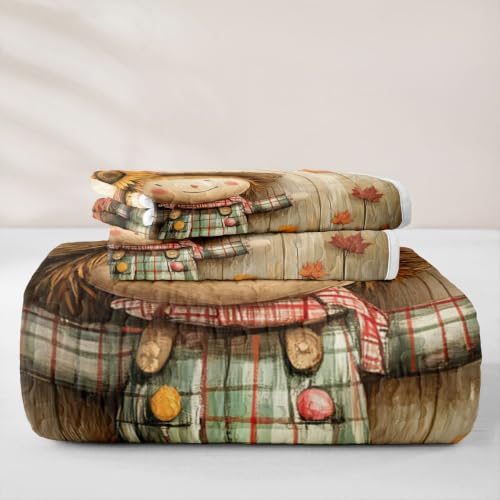 Orange Brown Autumn Scarecrow Quilted Bedspread Twin Set with Pillowcase - 2 Pieces