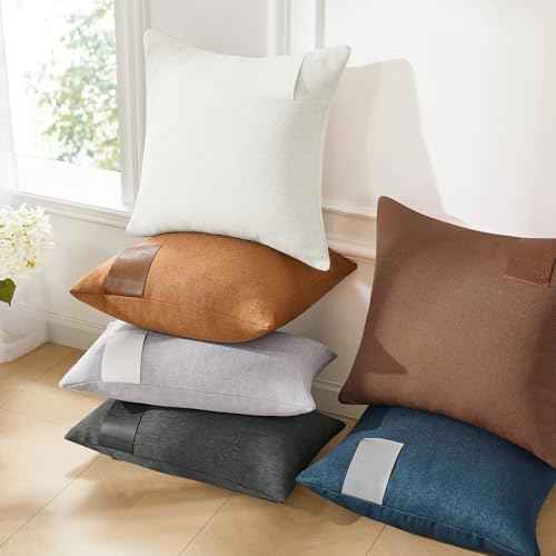 Deconovo Pack of 2 Pillow Covers 18x18, Decorative Linen Pillow Covers Accent Throw Cushion Case with Leather Label, Soft Boho Farmhouse Pillowcase for Couch Sofa Bed Living Room Decor, Dark Grey