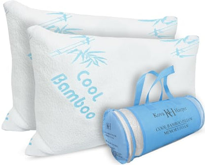 Cool Rayon of Bamboo Pillows 2 Pack Queen Size (20"x30") for Sleeping, Soft Shredded Adjustable Memory Foam Washable Zippered Breathable Cover, Relieves Neck Pain Asthma for Back/Stomach/Side Sleeper