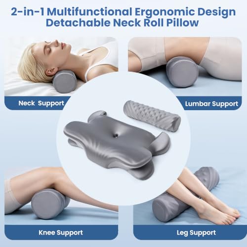 Kurcodw Grey Cervical Pillow for Neck Pain Relief & Side Sleepers 2-in-1 Support