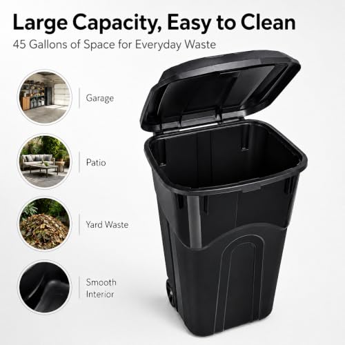 45 Gallon Wheeled Outdoor Trash Can with Locking Lid - Heavy Duty Leak-Proof Design