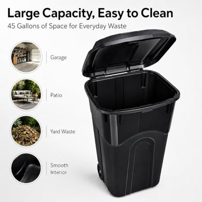 45 Gallon Wheeled Outdoor Trash Can with Locking Lid - Heavy Duty Leak-Proof Design