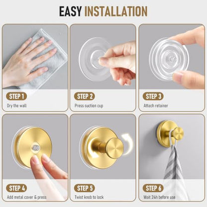 Brushed Gold Suction Cup Hooks for Shower Bathroom Towel Hooks 2 Pack