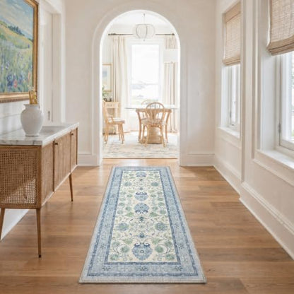 Blue Green Washable Runner Rug 2x5 Non Slip Hallway Bathroom Kitchen