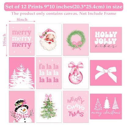 Set of 12 Pink Christmas Wall Art Prints - Holiday Holiday Decor, Snowman Santa Tree