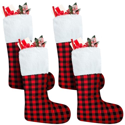 Giant Christmas Stockings Set of 4 - 43 Inch Felt & Buffalo Plaid Holiday Decor