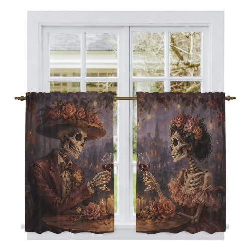 Halloween Tier Curtains Set - Skeleton Couple with Roses, Light Filtering, 27.5W x 45L, Black Burgundy Gold Variations