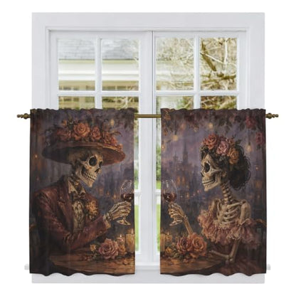 Halloween Tier Curtains Set - Skeleton Couple with Roses, Light Filtering, 27.5W x 45L, Black Burgundy Gold Variations