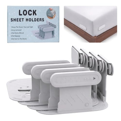 No-Lift Bed Sheet Fasteners with Mattress Corner Clips - Wrinkle-Free Fit, Grey, 4 Pack