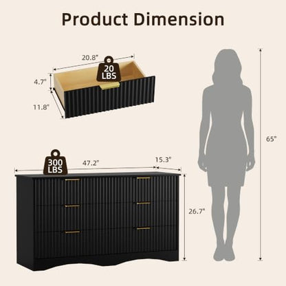 Black Bedroom Dresser with 6 Drawers and Fluted Front - 47.2 Inch