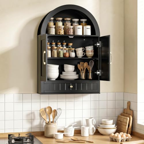 Farmhouse Wall Cabinet with Drawer - 34.7 x 23.6 x 8.4 Inches, Black Arched Bathroom Storage
