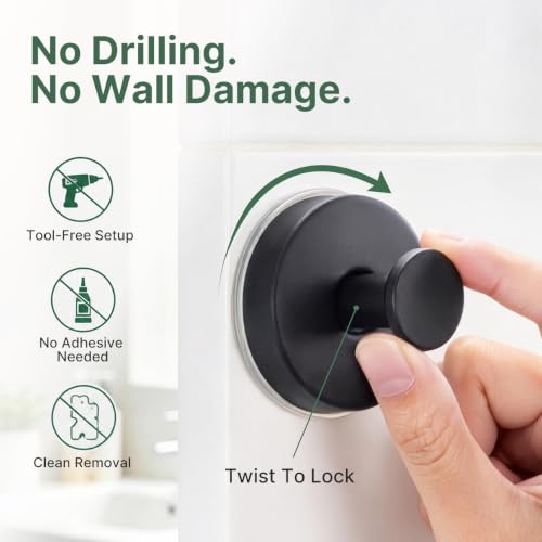 Heavy Duty Suction Cup Hooks 6 Pack - Removable Bathroom Hooks, Black