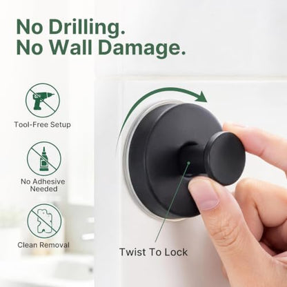 Heavy Duty Suction Cup Hooks 6 Pack - Removable Bathroom Hooks, Black